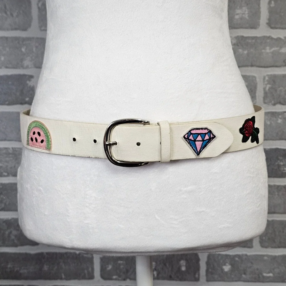 Y2K Coquette Novelty Patch White Belt Unicorn Rainbow Indie Kitsch Women's S/M